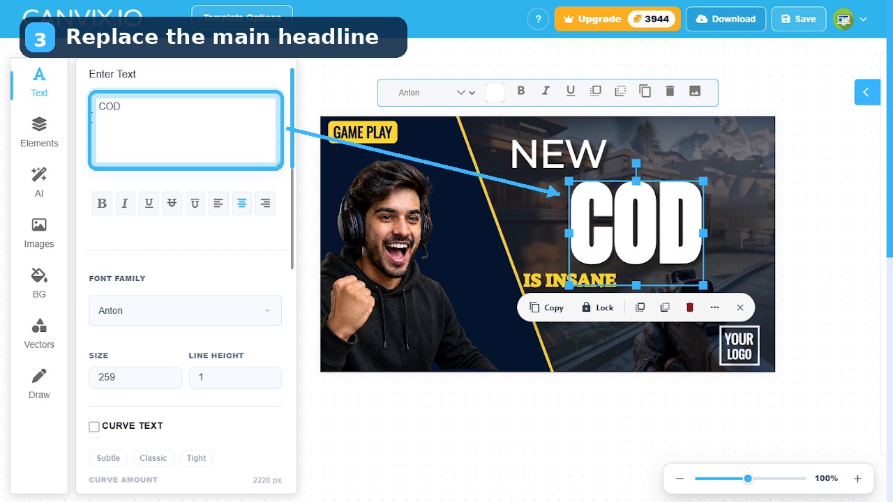 Replacing the word Update with COD in the Canvix text editor
